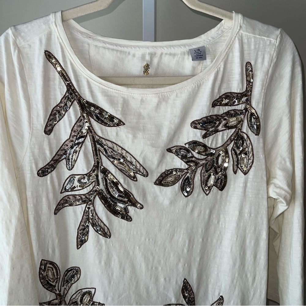 Tommy Bahama Cream Leaf Print Blouse 3/4 Sleeve Size Large NWOT - Picture 2 of 5